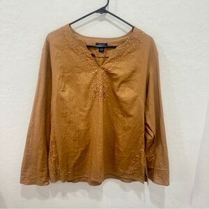 Westbound Embroidered Blouse Womens 16 Tan Linen Blend Beaded Summer Spring